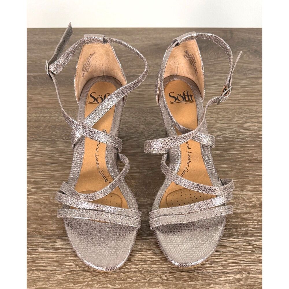 Sofft Womens Wedge Sandals Size 8M Metallic Strappy Ankle Strap Comfort Shoes